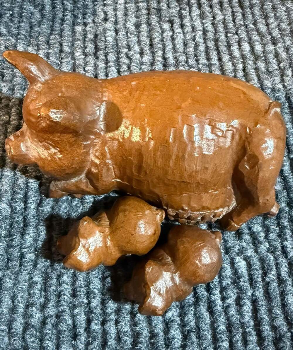 Vintage Hand Carved Wood Pig Figurine with Two Piglets